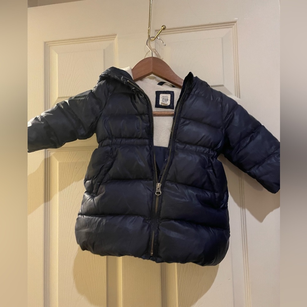Baby gap blue puffer jacket with hoodie—12/18months